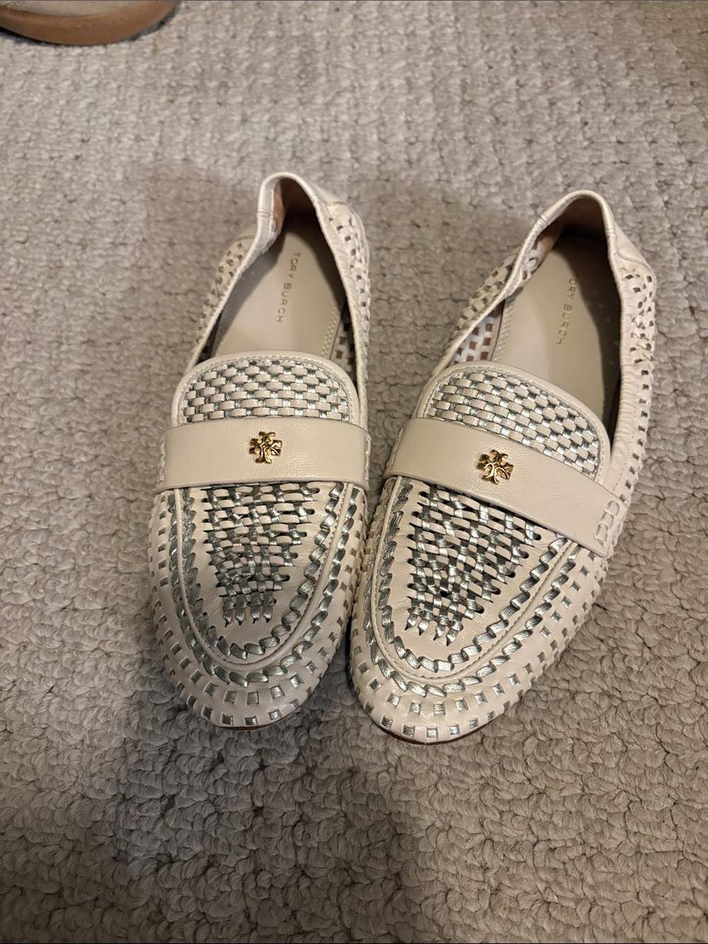 Tory Burch Cream Woven Leather Penny Loafers with Gold Logo